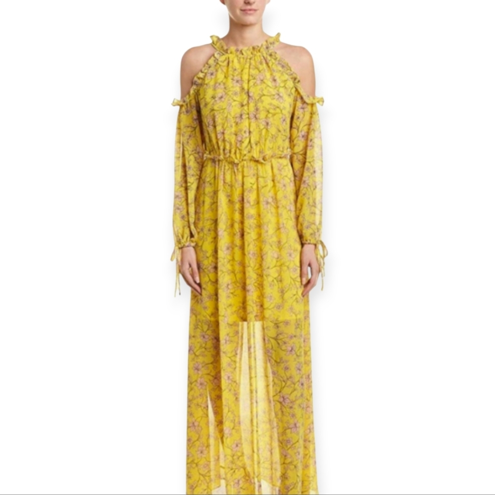 Avec Les Filles Yellow Floral Cold-Shoulder Ruffle Neck Maxi Dress